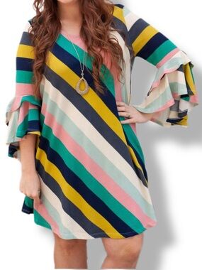 Umgee NWT Multi-Color Striped Bell Sleeve Shift Mini Dress - Small
